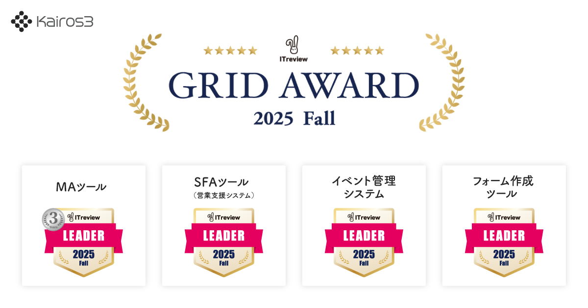 「Kairos3」が「ITreview Grid Award 2025 Fall」MAツール部門にて最高位「Leader」を３年連続受賞