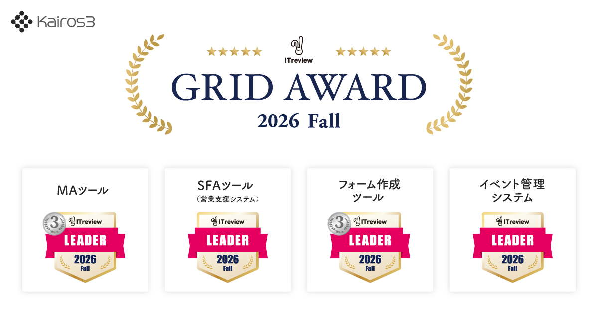 「Kairos3」が「ITreview Grid Award 2026 Fall」において4部門で最高位「Leader」を受賞しました